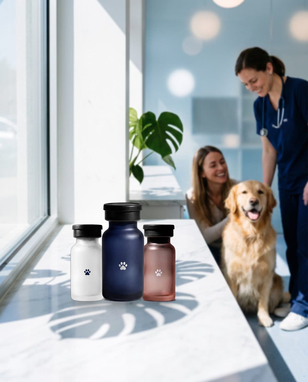Prescription peptide vials on a clinic counter, with a veterinarian, a pet parent, and a golden retriever behind